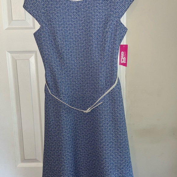NWT, 9 & Co., Blue & White Dress with Belt, Size 12 - Picture 1 of 7